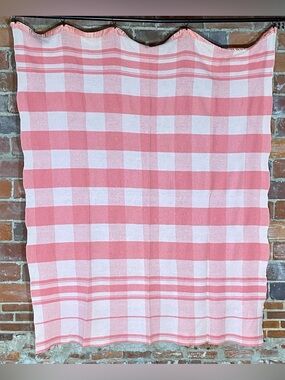 Vintage Pink White Plaid Wool Camp Blanket 61” x 79” Satin Edge